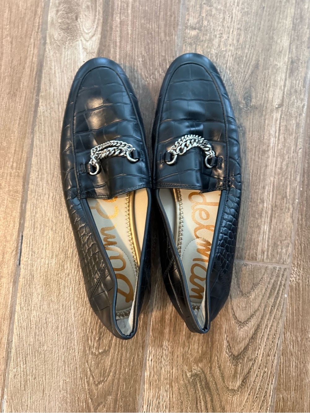 Sam Edelman Black Croc-Embossed Leather Loafers with Silver Chain Detail